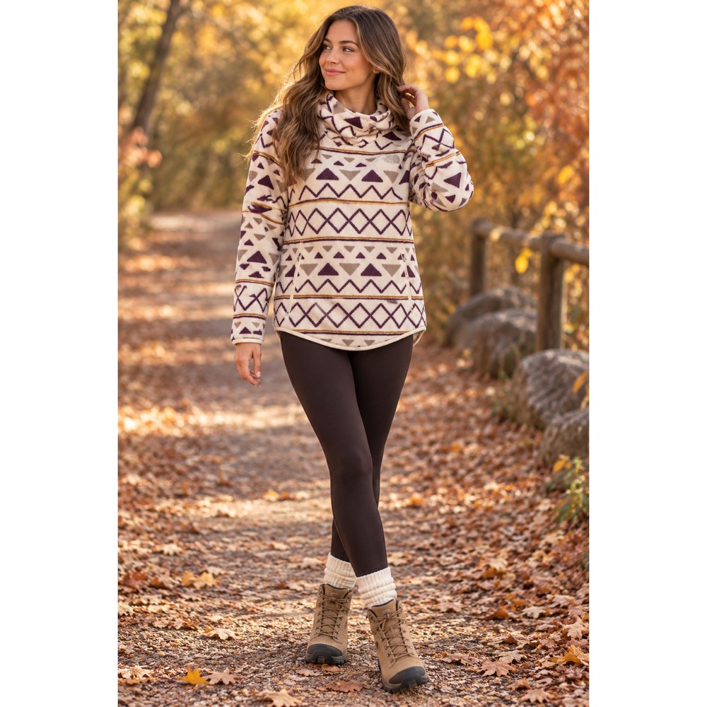 The North Face TKA Glacier Hoodie Aztec Geometric Fleece Pullover Tan Purple S